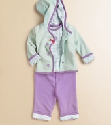 An essential three-piece set includes a crystal-embroidered hoodie and sweatpants with crystal lining, plus a polka dot bodysuit for an ultra-soft