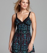 Light up the night in this dotted neon mesh chemise from OnGossamer, with double rows of lace trim