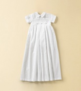 Perfect for this special day, a collared christening gown with smocking and button detail. Comes with matching hat Detachable pleated gown Pleated legs on suit Back button closure Cotton; dry clean Imported FIT RECOMMENDATION: Please note that this style runs small.