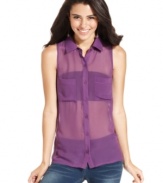 Super sheer fabric and a back cutout makes this button-down top from 6 Degrees a trend-right choice for laid-back days.