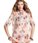 A cool lace inset at the back gives this floral-print button down top from American Rag a totally unique edge.