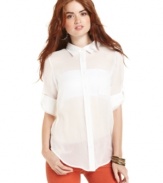 Chic and sheer, this button-down top from American Rag features roll tab sleeves and loads of clean-cut style!