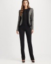 Touches of metallic accent this jacquard and jersey style trimmed with leather piping.Front zipperInseam zip pocketsLeather trimPrincess seamsFully linedAbout 23 from shoulder to hemJacquard: 71% acetate/29% polyesterJersey: 71% viscose/24% polyamide/5% elastaneDry cleanImported of Italian fabricModel shown is 5'11 (180cm) wearing US size 4. Additional Information Women's Modern Size Guide 