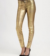 Lustrous goldtone finish gives these leggings-style skinny jeans a new lease of life. THE FITRise, about 8Inseam, about 30THE DETAILSButton closureZip flyFour-pocket styleCotton/polyester/elastaneDry cleanMade in USA of imported fabricModel shown is 5'10 (177cm) wearing US size 4.