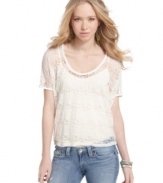 Wake up your jeans and tank uniform with this pretty lace top from American Rag that sports subtle mesh stripes throughout!