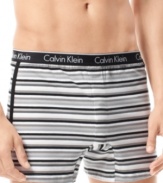 Update your underwear with a touch of style. These knit Calvin Klein boxers in ultra-soft stretch cotton jersey sport a colorful striped design and a slimmer fit.