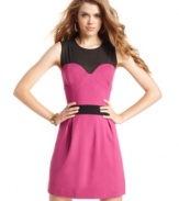 Dark accents compliment the structured design of this colorblocked party dress from Jessica Simpson!