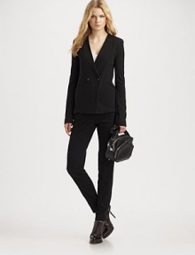 Classic ponte style with a unique v-neck and hint of stretch. V-neck Button front Long sleeves Buttoned cuffs Slash pockets Patch pockets 64% polyester/33% rayon/3% spandex Dry clean Imported Classic ponte style with a unique v-neck and hint of stretch. V-neck Button front Long sleeves Buttoned cuffs Slash pockets Patch pockets 64% polyester/33% rayon/3% spandex Dry clean Imported