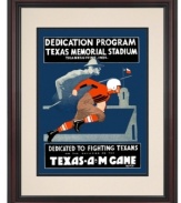 Commemorate the first showdown at Texas Memorial Stadium with this historic program cover reproduction. On Thanksgiving 1924, the Longhorns delivered a big win on their new home turf against Texas A&M. A great gift for college football fans!