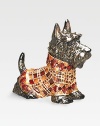 An adorably-outfitted Scottish terrier figure, carefully handcrafted in antique goldplated pewter with an enameled sweater and hand-set Swarovski crystal detail. 1¾W X 3H X 3½D Made in USA 