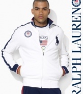 A versatile track jacket in a trim modern fit is crafted from stretch cotton mesh with athletic stripes and country details, celebrating Team USA's participation in the 2012 Olympics.