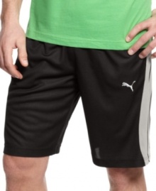 With a cool color-blocked style, these lightweight mesh shorts from Puma raise the bar on your gym gear. With a cool color-blocked style, these lightweight mesh shorts from Puma raise the bar on your gym gear.