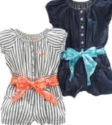 No ties here. This fun romper with a matching scarf belt from Guess is a clear style and comfort favorite.