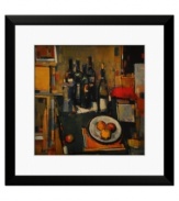 Model your kitchen counter after this vibrant still life. White wine and fruit come into focus in warm yellows, red, sea blues and green. A simple black frame and white mat add a polished finish.