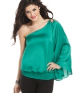 A one-shoulder neckline and voluminous sleeve are statement-making details on this Rampage top! Pair it with jeans and your favorite accessories for a look that has major presence.