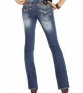 Miss Me pairs chic, bootcut style with jeweled yoke and pocket design on a pair of jeans that elevate your denim closet.