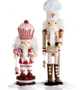 Sweeter than the traditional soldier or king, these Kurt Adler nutcrackers wear sparkling pink and red stripes and sugary confections. Cookie, chocolate chip and candy cane accents add to an irresistible duo.