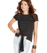 Know your lines: an assembly of silvery stripes elevates Lily White's tie-front tee with linear cool.