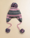 Crafted with a multicolored stripe pattern, this wool-blend topper features extra-warming earflaps and sweet pom pom embellishments. Pom pomsSelf-tie beneath chinPolyester/woolHand washImported