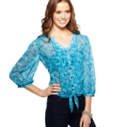 Elevate your fly style to super fun heights with this bird print tie blouse from Eyeshadow -- a soft and gauzy accent to your skinny jeans! (Clearance)