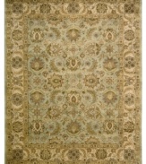 For the Jaipur collection Nourison uses a unique herbal wash to create the silky sheen and antique appearance of these fine wool rugs. In a delicate seafoam hue with an ornate medallion and bloom motif, the rug enhances your home with lavishly elegant style.