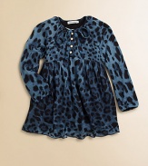 A bold animal print, goldtone buttons and a front bow define this precious little dress.Round neckline with bowLong sleevesButton-frontGathered waistFull skirtModalMachine washImported