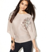 Sequined flowers create a starburst of style on INC's petite kimono sleeve sweater!