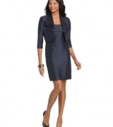 Tahari by ASL outfitted this dress and jacket with a luxurious shantung texture and tailored fit. The ruffled collar of the jacket adds a sophisticated touch.