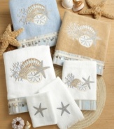 Transform your bathroom into a beach-side escape with the Avanti By the Sea bath towels. Featuring patterns filled with sea shells and starfish, and trimmed with a dangling shell, this tranquil towel collection will add relaxing tones to any bathroom ensemble.