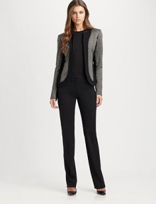 Touches of metallic accent this jacquard and jersey style trimmed with leather piping.Front zipperInseam zip pocketsLeather trimPrincess seamsFully linedAbout 23 from shoulder to hemJacquard: 71% acetate/29% polyesterJersey: 71% viscose/24% polyamide/5% elastaneDry cleanImported of Italian fabricModel shown is 5'11 (180cm) wearing US size 4. Additional Information Women's Modern Size Guide 