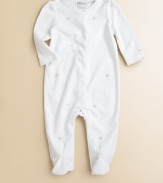 A cozy footed coverall, with a full-snap front for easy on and off and sweet embroidered flowers, is crafted from soft Pima cotton.Embroidered crewneckLong puffed sleevesCovered snap frontHidden bottom snapsPima cottonMachine washImported Please note: Number of buttons/snaps may vary depending on size ordered. 