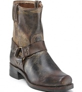 Harness boots with distressed detailing and cracked, worn look. Harness detailing around the ankle with antiqued-brass hardware. Cushioned, shock-absorbing memory insoles and durable Goodyear welt construction. Neoprene oil-resistant, rubber sole. 2 heel.
