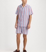 Classic-fitting loungewear set in lightweight cotton batiste for ultimate comfort. Machine wash. Imported.SHIRTButtonfrontSpread collarChest patch pocketSHORTSButton flyAdjustable two-button waistNo pocketsInseam, about 3½