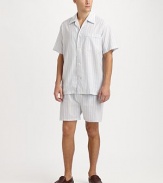 Relax and lounge-around in this remarkably comfortable two-piece short set, in easy-fitting, lightweight cotton. Machine wash. Imported.SHIRTSpread collarButtonfrontChest patch pocketSHORTSAdjustable two-button waistButton flyNo pocketsInseam, about 3½