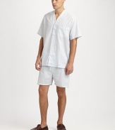 A remarkably comfortable shirt and shorts set made especially for summer with open weave stripes in breathable cotton. Machine wash. Imported.SHIRTButtonfrontV-neck collarChest patch pocketSHORTSAdjustable two-button waistButton flyNo pocketsInseam, about 3½