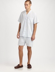 A remarkably comfortable shirt and shorts set made especially for summer with open weave stripes in breathable cotton. Machine wash. Imported.SHIRTButtonfrontV-neck collarChest patch pocketSHORTSAdjustable two-button waistButton flyNo pocketsInseam, about 3½ A remarkably comfortable shirt and shorts set made especially for summer with open weave stripes in breathable cotton. Machine wash. Imported.SHIRTButtonfrontV-neck collarChest patch pocketSHORTSAdjustable two-button waistButton flyNo pocketsInseam, about 3½