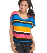 Enrich your trove of tops with bold, color-hot tees like this style from Ultra Teeze that features a shredded, open back!