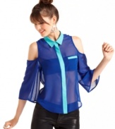 Go bold in a colorblock top that boasts shoulder cutouts and super-sheer style! From Say What?.