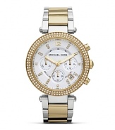 Tap this season's duo tone watch trend with this stainless steel bracelet from MICHAEL Michael Kors. It's chronograph movement is ever-practical while glitz accents give this piece a distinctive stamp.