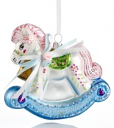 Adorned with shimmering pink, blue and green accents, the Baby's First Rocking Horse ornament commemorates an important family moment with Kurt Adler charm.