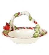 Make your home a natural place to gather every holiday with Winterberry serveware. Fitz and Floyd's elaborately crafted basket combines traditional Christmas plaid with a sculpted handle and figural bird accent.