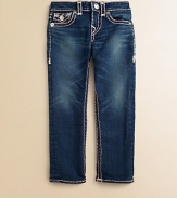 Stylish and sweet, this adorable pair of mini-me jeans has requisite, heritage-inspired, contrast stitching and silver hardware for added flare.Front button closureWaistband with belt loopsZip flyFive-pocket style98% cotton/2% spandexMachine washImported of domestic fabric