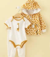 Stick your neck out. He'll be adorable in this unique, safari styled bodysuit, hoodie and pant set from First Impressions.