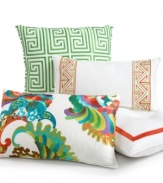 A smooth white background is embellished with a vibrant coral and lime Egyptian-inspired border in this decorative pillow from Trina Turk. Zipper closure.