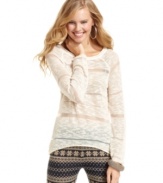 What more could you want in a winter sweater? Eyeshadow's cozy pullover joins textured slub-knit fabric with sheer, metallic-flecked stripes.