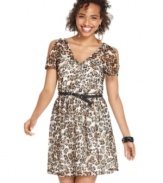 Spice-up your warm-weather gear with an animal-print dress from BCX that sports shoulder-baring cutouts and a sequined glaze!