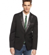 Top off your look with simple elegant style in this tuxedo blazer by American Rag.