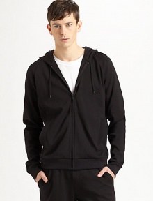 An essential layer for today, tomorrow and forever in super-soft cotton jersey. Drawstring hood Zip front Side slash pockets About 26 from shoulder to hem Machine wash Imported