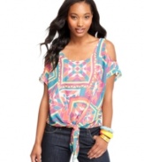 Fire takes the tribal print movement to fun destinations, incorporating back and shoulder cutouts onto a day top that pops!