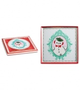 Spark some happy holiday nostalgia with the Christmas Cameo tray. Rosanna pairs a baby-faced snowman from Christmas past with vintage patterns and sparkling gold accents. A beautiful gift, with a matching box.